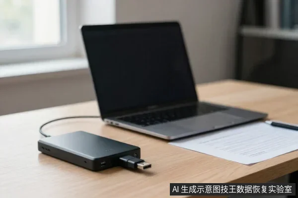 木质桌面上放着一台打开的笔记本电脑、一个黑色移动硬盘盒和一份文件,硬盘盒侧面插着一根USB数据线。