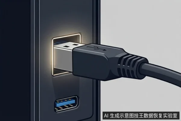 A USB cable plugged into a computer port with a blue USB port below.