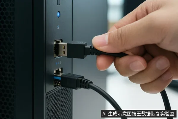 一只手正将USB数据线插入台式电脑机箱侧面的USB接口,下方另一根线缆已连接,机箱上有蓝色指示灯亮起。