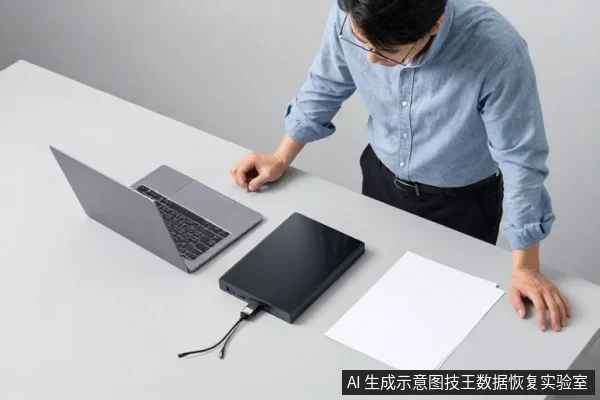 一名穿蓝色衬衫的男子站在桌旁,桌上放着笔记本电脑、连接着数据线的黑色移动硬盘和一叠白纸。