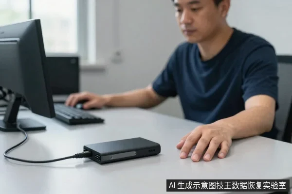 一名亚洲男子坐在办公桌前，面前有一台显示器、键盘和鼠标，桌面放置一个黑色外置存储设备，通过线缆连接，男子右手放在桌面上。