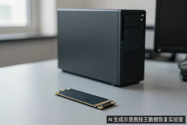 桌面上放着一台黑色台式主机,前方平放着一块M.2固态硬盘,右侧可见显示器边缘。