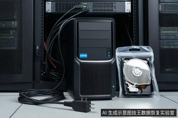 服务器机柜前放置一台黑色台式主机,右侧防静电袋内装有裸露盘片的机械硬盘,地面放着一根未插入的电源线。