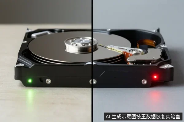 画面展示了一个打开的机械硬盘，分为左右两部分，左侧硬盘指示灯为绿色，右侧硬盘指示灯为红色，背景为浅色桌面。