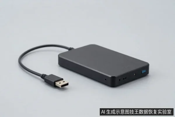 黑色外置移动硬盘平放于桌面，USB数据线一端连接硬盘，另一端为USB-A插头，未连接任何设备。