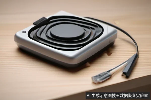 木桌上放着一个银色方形外置存储设备，顶部有同心圆纹理和圆形中心，旁边连着带USB接口的黑色数据线。