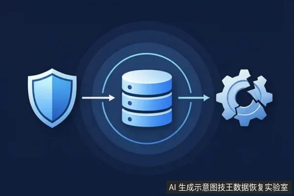 深蓝色背景上,左侧蓝色盾牌通过箭头指向中间圆柱形数据库图标,右侧箭头指向带裂纹的齿轮图标。