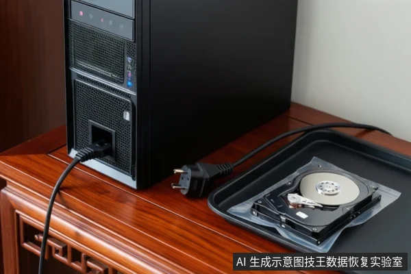 木桌上黑色台式主机后部插着电源线,插头置于桌面未接墙,旁托盘内放一块开盖硬盘