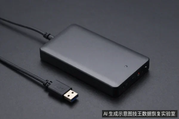 黑色方形移动硬盘平放在深色桌面,侧面有指示灯和接口,一根USB数据线插头置于前方。