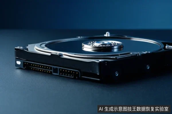 深色桌面上放置一块打开外壳的机械硬盘,可见盘片、主轴、磁头臂和接口,背景为蓝色。