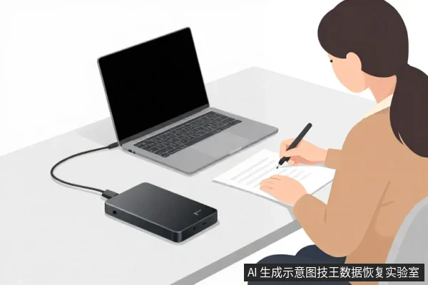 一名亚洲女性坐在桌前,用笔在纸上记录,旁边是一台笔记本电脑和一个通过线缆连接的黑色外置硬盘。