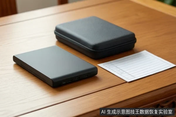 木桌上平放着一个黑色移动硬盘,旁边有一个黑色保护盒和一张带有表格的白纸。