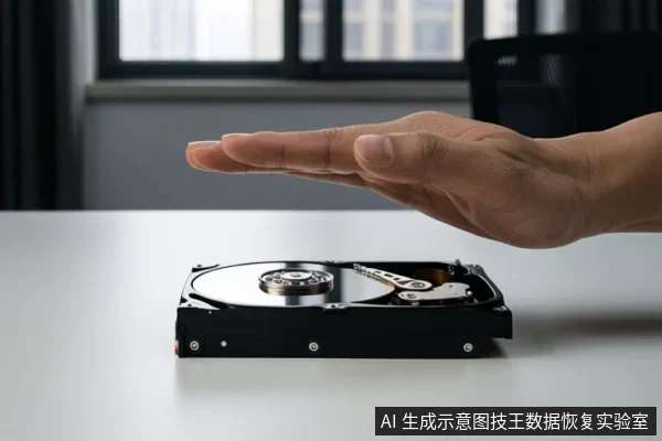 白色桌面上放置一块打开外壳的机械硬盘，可见盘片与磁头组件；一只手掌平放在硬盘上方，背景为窗户和办公椅。