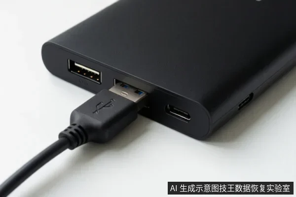 黑色外接硬盘盒侧面接口特写,一个USB-A插头插入蓝色USB 3.0接口,旁边可见USB-B和Micro USB接口。
