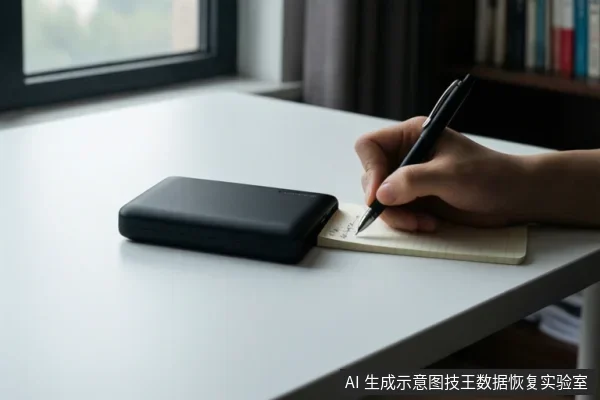 白色桌面上放着一个黑色移动硬盘，旁边一只手正握笔在便签纸上记录。