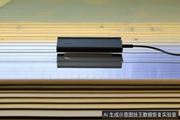反光桌面上放置一个黑色长方形外置存储设备，右侧插着一根黑色连接线，线缆向右延伸出画面，背景为模糊的横向条纹。