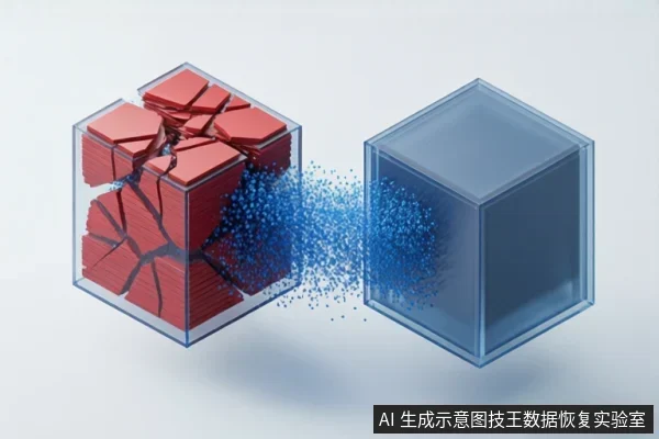 白色背景上,左侧透明立方体内红色块状物碎裂,蓝色粒子流从左侧流向右侧透明立方体,示意数据从损坏介质转移至健康存储设备。
