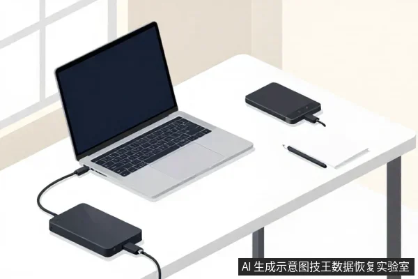 白色桌面上放着一台打开的笔记本电脑，左侧连着一块黑色移动硬盘，右侧另有一块黑色移动硬盘、一支笔和一张白纸。