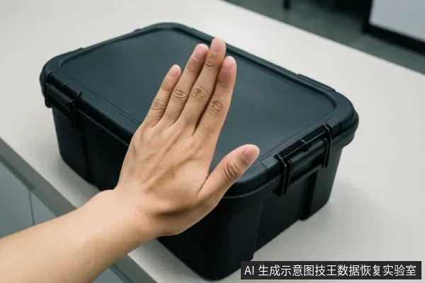 一只手平放在一个黑色塑料收纳箱的盖子上,背景为浅色桌面。