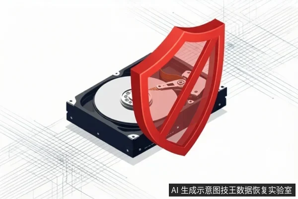 一张机械硬盘的插画,硬盘上方覆盖着一个红色的盾牌图标,背景为浅色网格线。