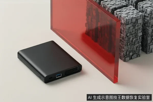 黑色外置硬盘盒平放于浅色桌面,侧面可见USB接口与SATA接口,背景有红色透明板和灰色纹理块状物。