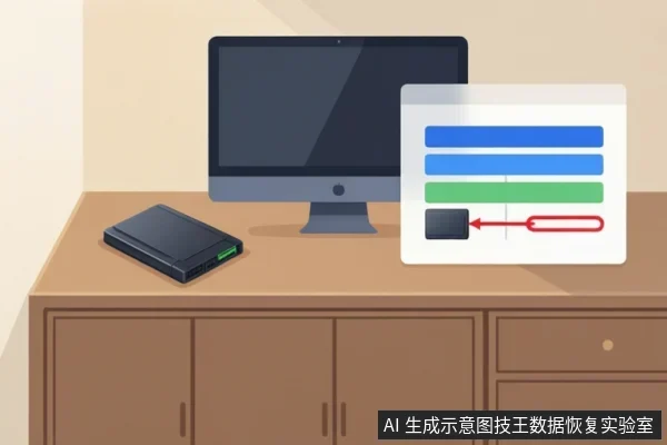 桌面上有一台显示器和一个带绿色指示灯的移动硬盘,右侧悬浮一个包含彩色横条和硬盘图标的UI面板,红色箭头指向硬盘图标。