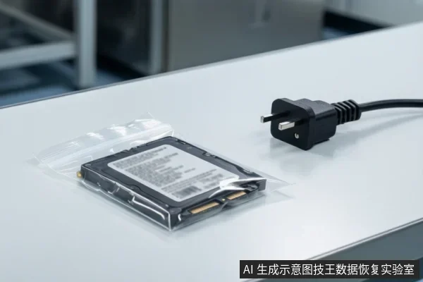 白色桌面上,透明防静电袋内放一块带标签的2.5英寸固态硬盘,右侧桌面放一个未插入的黑色三脚电源插头