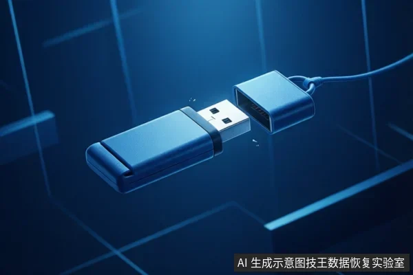 蓝色科技背景中,一个蓝色U盘与一个带线缆的USB接口分离悬浮,接口内部可见金属触点,无文字。