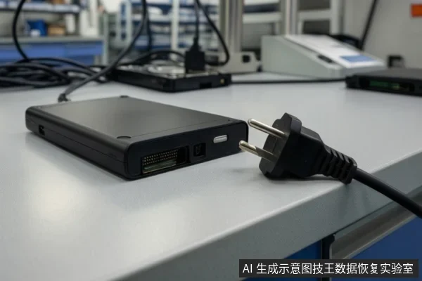 实验台面上黑色外置移动硬盘侧面指示灯亮起,旁边放着一个未插入插座的两脚电源插头,背景为线缆与检测设备。
