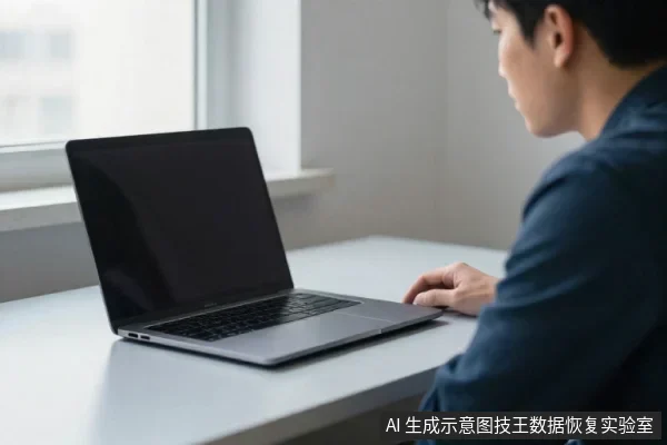 一名穿深色西装的亚洲男性坐在浅色桌前,面对一台屏幕全黑的笔记本电脑,右手放在键盘上。