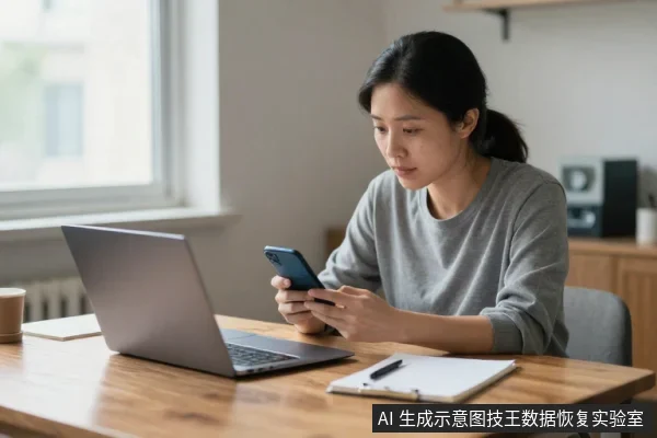一名亚洲女性坐在木桌前，左手拿着手机查看，面前放着一台打开的笔记本电脑和一本笔记本。