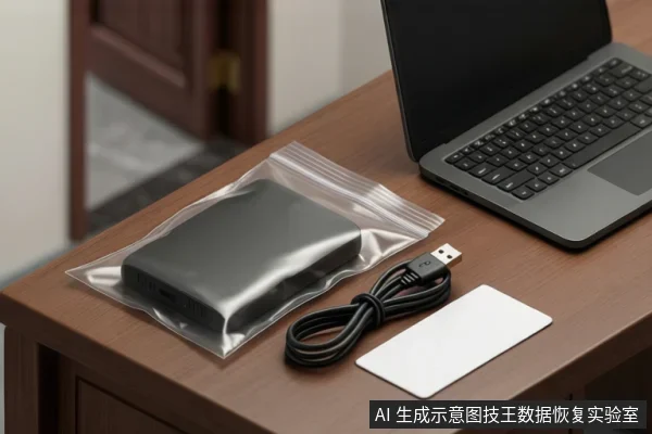 木桌上透明自封袋内放着黑色移动硬盘,旁边有盘绕的USB线、一张空白卡片和一台黑屏笔记本电脑,硬盘未接入电脑。