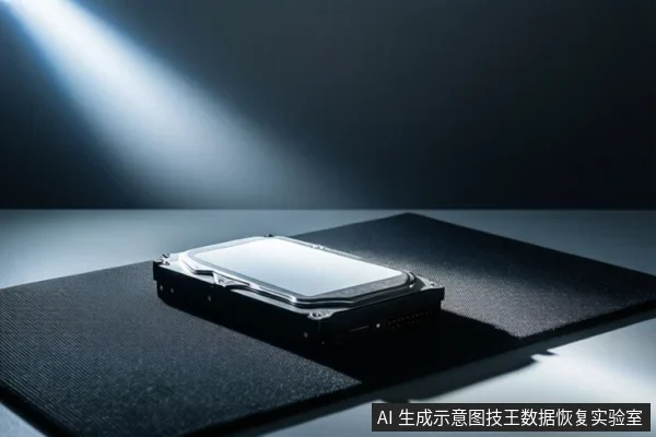 一块银色顶盖的机械硬盘平放在黑色防静电垫上,背景为深色并有一束斜向光线照射。