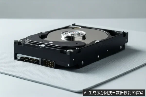 灰色台面上放置一块打开外壳的机械硬盘,可见盘片、主轴和接口区域,无操作动作。