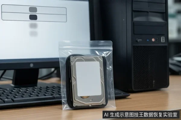 透明自封袋内装一块金属外壳机械硬盘，立于木桌键盘前，背景为显示器与黑色台式主机。