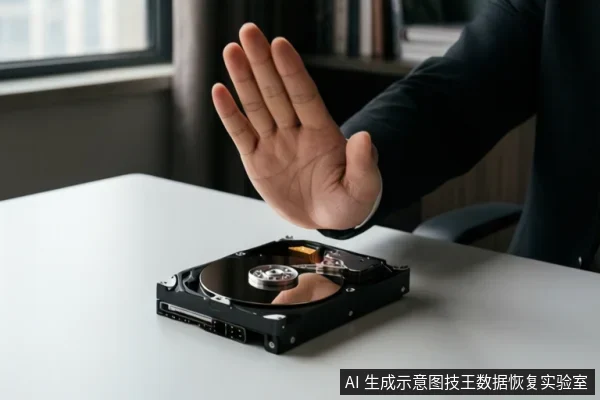 白色桌面上放置一块打开的机械硬盘，盘片与磁头组件可见；右侧一只穿着深色西装袖口的手掌向前伸出，做出停止手势。