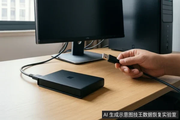 一只手拿着USB数据线,准备插入桌面上的黑色移动硬盘,背景是显示器和电脑主机。
