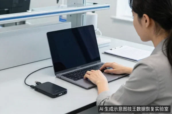 一名亚洲女性坐在办公桌前，面前放着一台笔记本电脑，正用双手在键盘上打字，桌面左侧连着一块黑色移动硬盘，右侧放有夹着纸张的写字板。