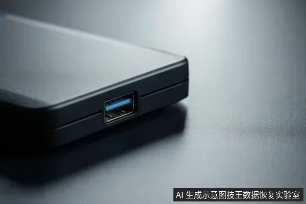 黑色移动硬盘外壳侧面的蓝色USB接口特写,设备放置在灰色平面上。