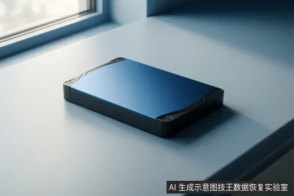 一张蓝色顶盖、黑色边框的矩形硬盘设备静置在浅色桌面上,背景有窗户,无可见指示灯或操作动作。
