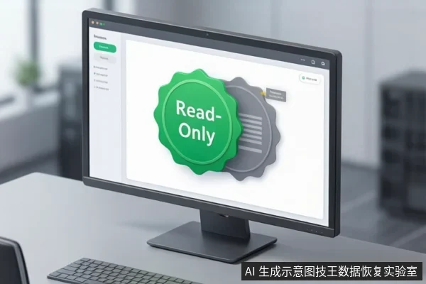 显示器屏幕上显示绿色“Read-Only”徽章与灰色文档图标,桌面有键盘,背景为模糊办公环境。