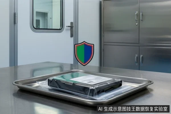 金属桌面上不锈钢托盘内放有防静电袋封装的机械硬盘,背景为带窗门与不锈钢柜的实验室,画面中央有盾牌图标。