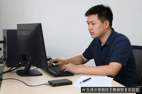 一名亚洲男子坐在办公桌前,面对显示器操作键盘,桌面上放着一个连接线缆的黑色移动硬盘和一份文件。