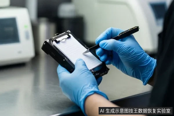 戴蓝色手套的双手在实验台上打开一块硬盘,用镊子指向盘片区域,背景有模糊检测设备。