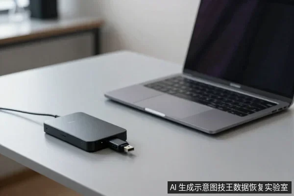 灰色桌面上放着一台笔记本电脑和一个黑色移动硬盘，硬盘侧面插着USB数据线，旁边还插着一个U盘。
