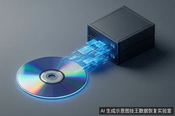 灰色背景上,一张彩虹色光盘位于左下,右侧为黑色双槽存储设备,两者之间有蓝色数据流连接。