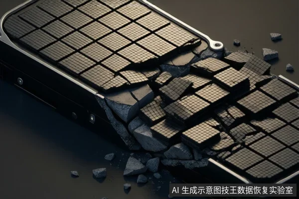 一块硬盘状设备表面呈网格结构,右侧大面积碎裂,碎片散落,背景为深色。
