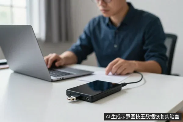 一名男子坐在桌前使用笔记本电脑,桌面上放着一个连接着线缆的黑色移动硬盘盒,旁边有纸张。