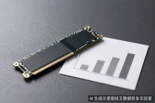 一块黑色M.2固态硬盘平放在深色桌面,旁边是一张印有柱状图的白色纸张。