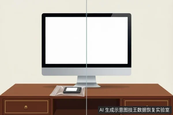 木质桌面上放置着一台屏幕全白的台式电脑显示器，显示器前方有一个防静电袋，袋内装有一块小型固态硬盘。